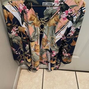 JM Collection Navy and Pink Floral Top with Gold Chains